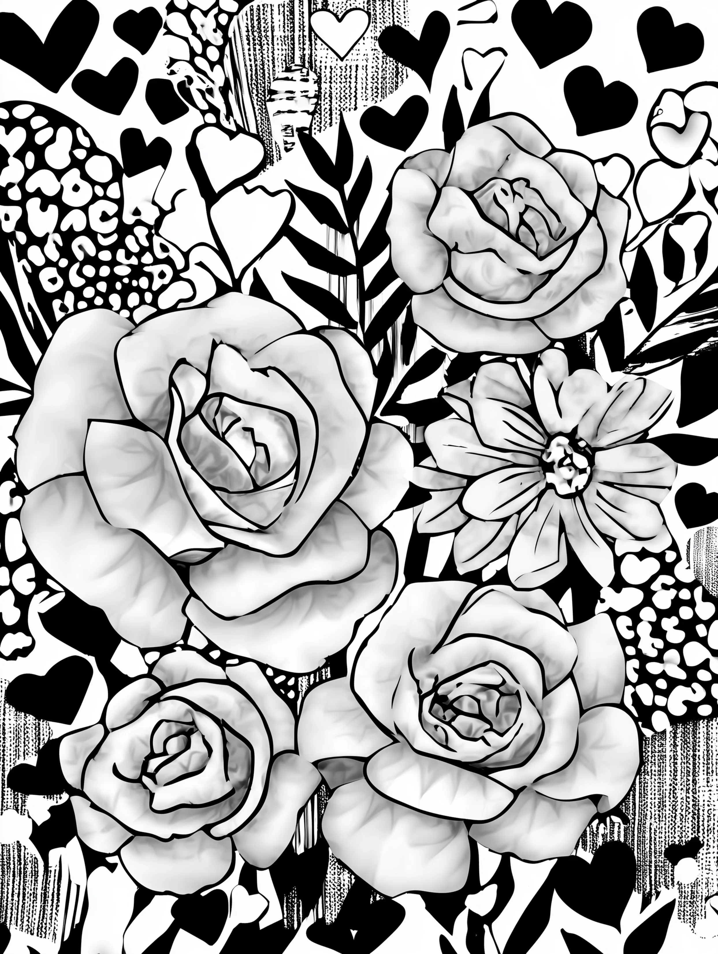 Free printable rose coloring page for adults featuring black hearts and roses